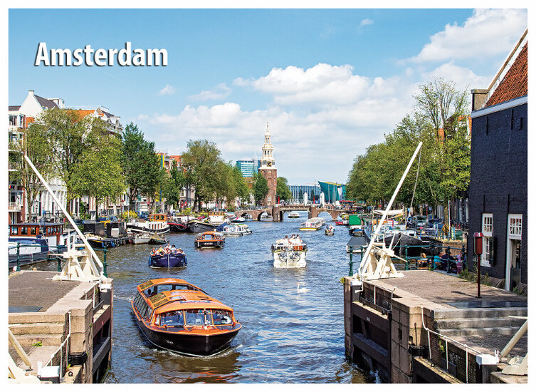 postcard canals of Amsterdam with tower (C055)