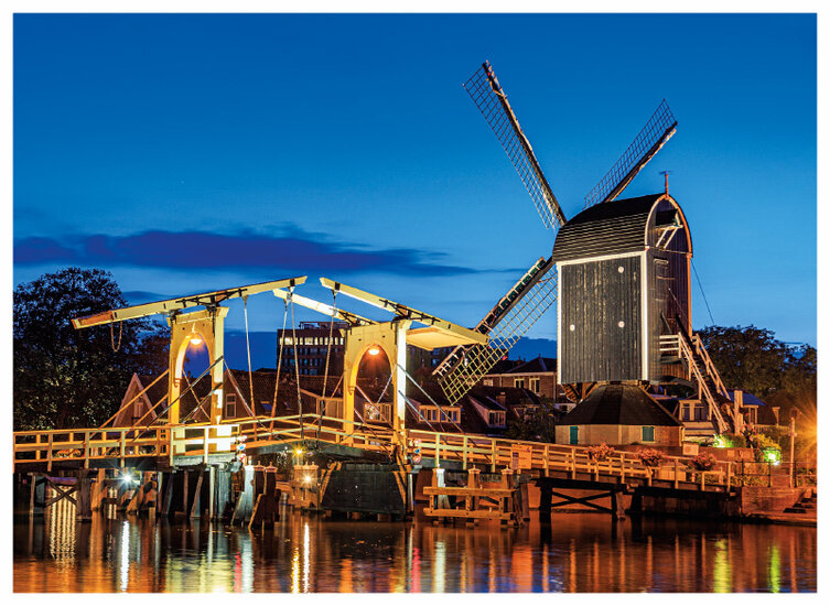 postcard Leiden - mill and bridge