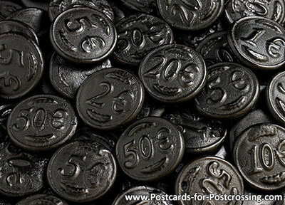 Coin liquorice postcard